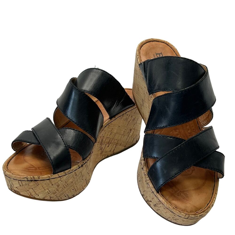 Born Kapiti Black Leather Cork‎ Wedge Slip On Sandals #B81903 Women's Size 6